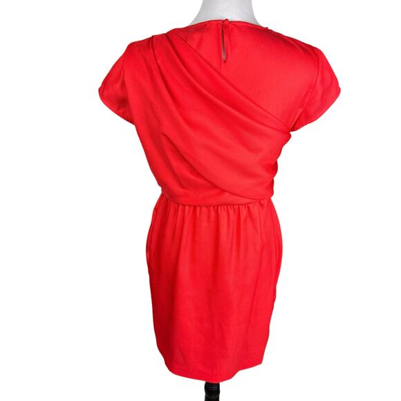 Julie Dillon Red Orange Textured Satin Crossover Sash Short Sleeve Sheath Dress - Picture 3 of 11